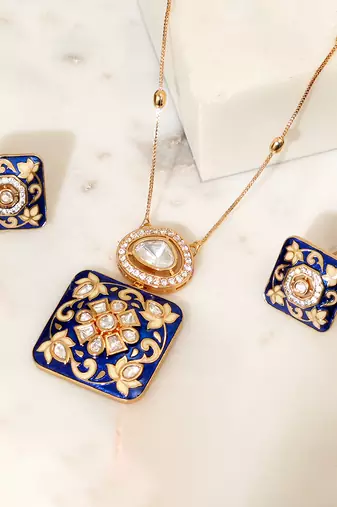 Gold plated kundan blue stones necklace set