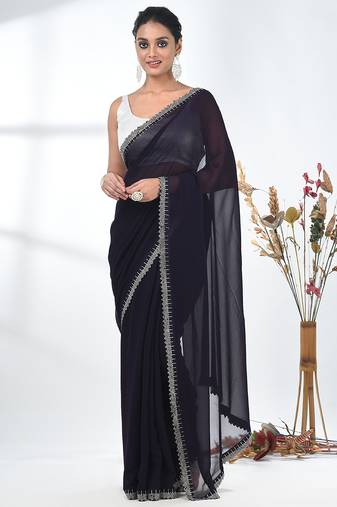 stylish purple chiffon saree with stone work border