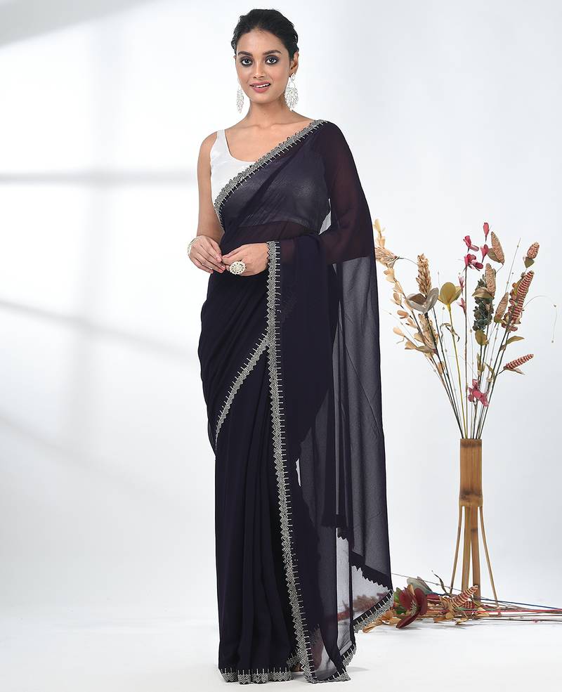 stylish purple chiffon saree with stone work border