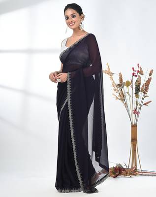 stylish purple chiffon saree with stone work border 2