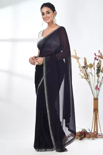 stylish purple chiffon saree with stone work border