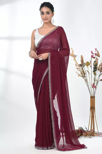 stylish magenta chiffon saree with stone work border