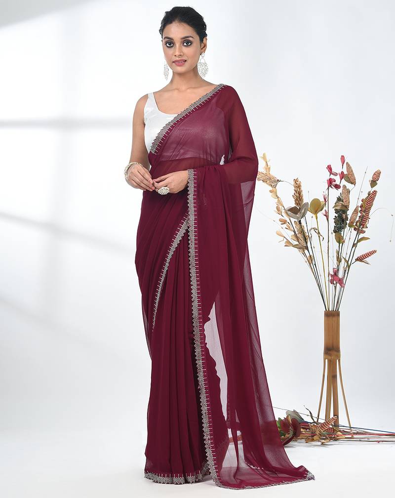 stylish magenta chiffon saree with stone work border