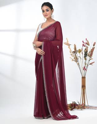 stylish magenta chiffon saree with stone work border 2