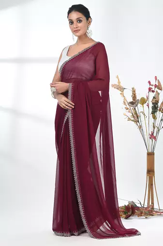 stylish magenta chiffon saree with stone work border