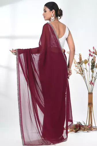 stylish magenta chiffon saree with stone work border