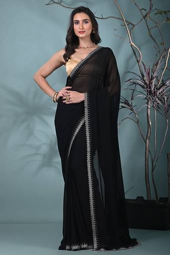 stylish black chiffon saree with stone work border