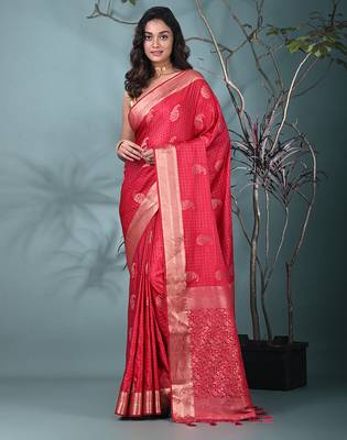 elegant fuchsia silk blend saree with intricate brocade work 1