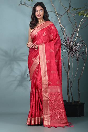elegant fuchsia silk blend saree with intricate brocade work