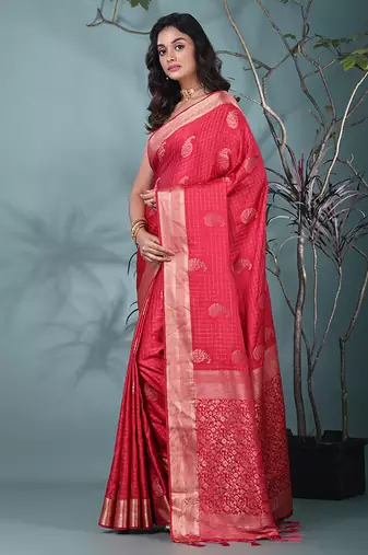 elegant fuchsia silk blend saree with intricate brocade work