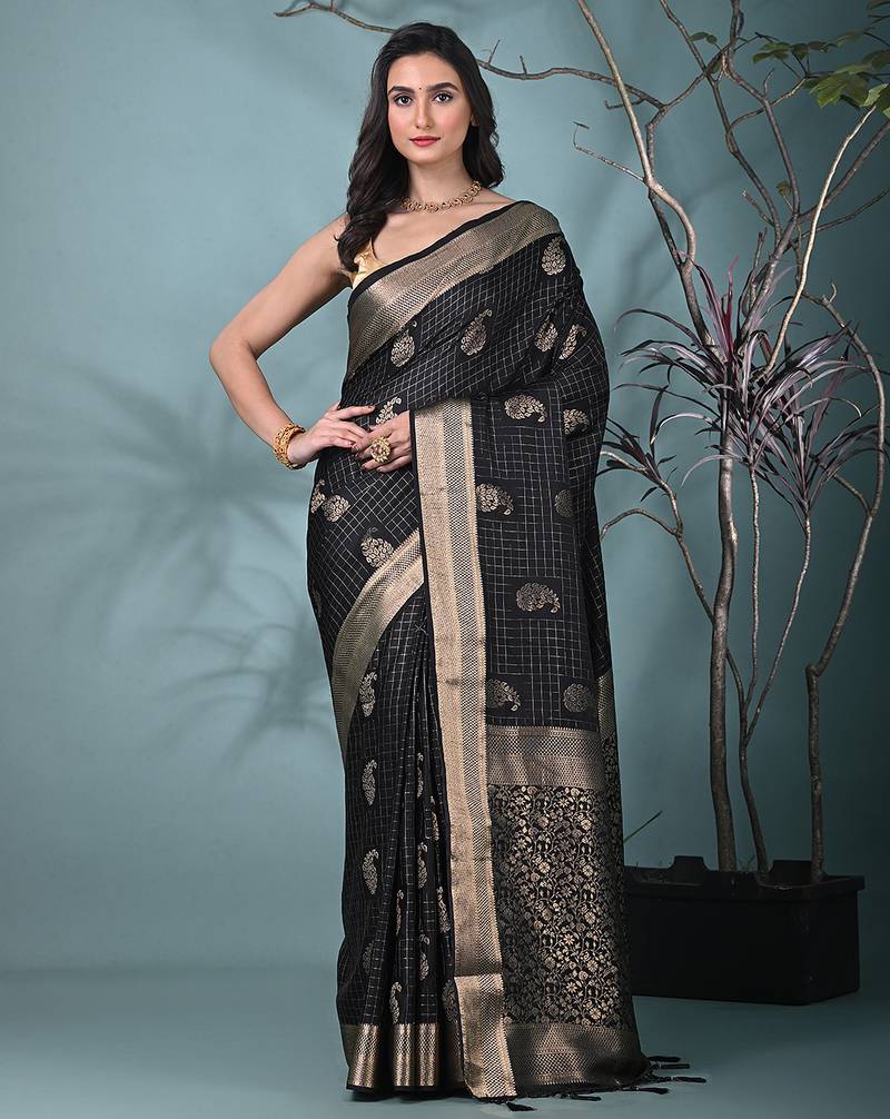elegant black silk blend saree with intricate brocade work