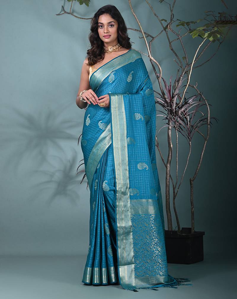 elegant sky blue silk blend saree with intricate brocade work