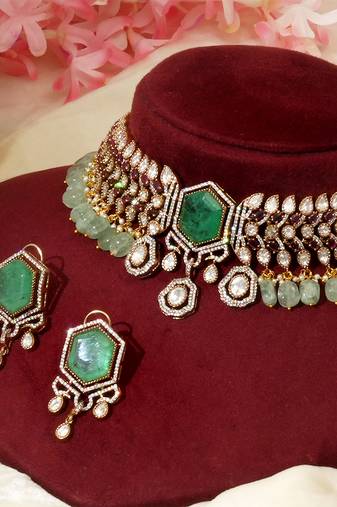 Gold plated kundan green stones choker necklace set
