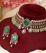 Gold plated kundan green stones choker necklace set