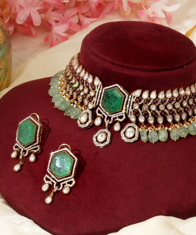 Gold plated kundan green stones choker necklace set