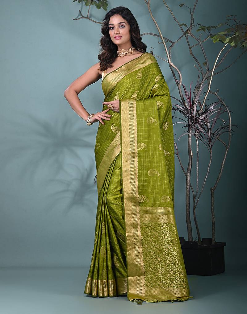 elegant sap green silk blend saree with intricate brocade work