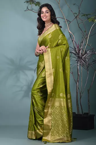 elegant sap green silk blend saree with intricate brocade work