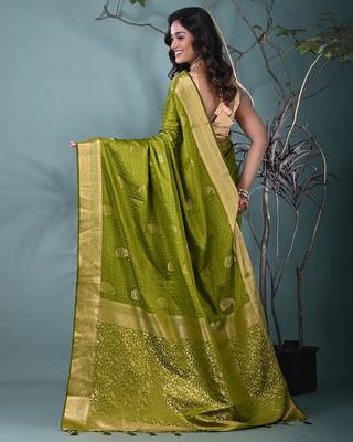 elegant sap green silk blend saree with intricate brocade work 3