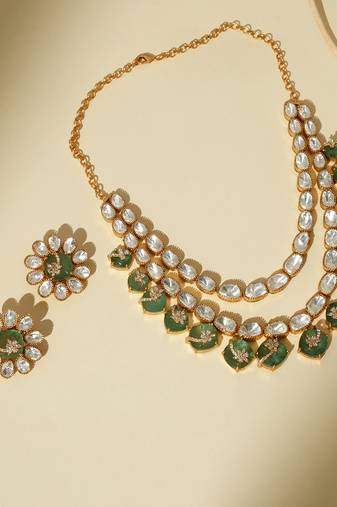 Gold plated kundan green stones necklace set