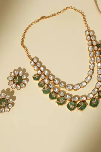 Gold plated kundan green stones necklace set