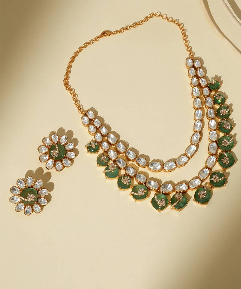 Gold plated kundan green stones necklace set