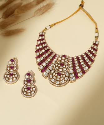 Gold plated kundan red stones necklace set 1
