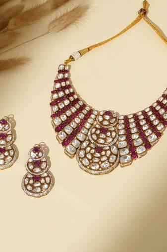 Gold plated kundan red stones necklace set