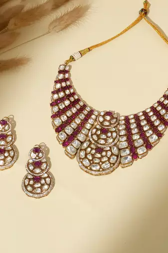 Gold plated kundan red stones necklace set