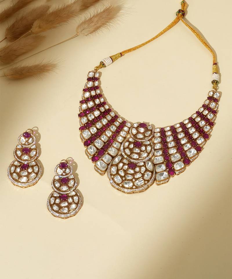 Gold plated kundan red stones necklace set