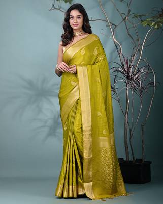 elegant olive silk blend saree with intricate brocade work 1