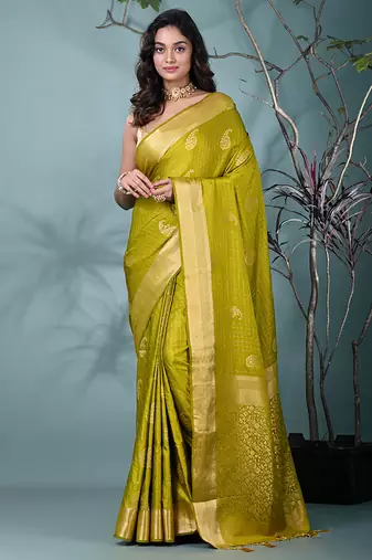 elegant olive silk blend saree with intricate brocade work