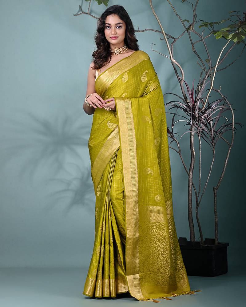 elegant olive silk blend saree with intricate brocade work