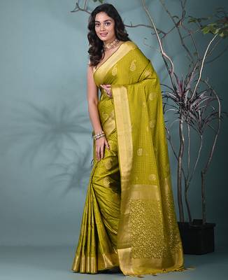 elegant olive silk blend saree with intricate brocade work 2