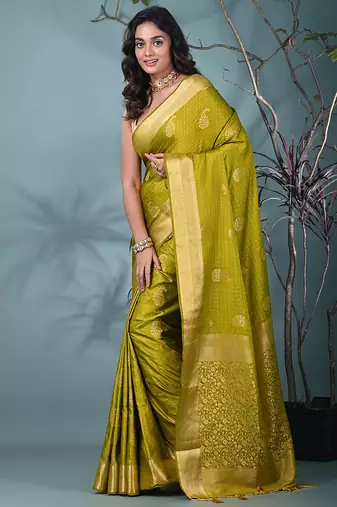 elegant olive silk blend saree with intricate brocade work