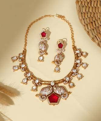 Gold plated kundan red stones necklace set 1