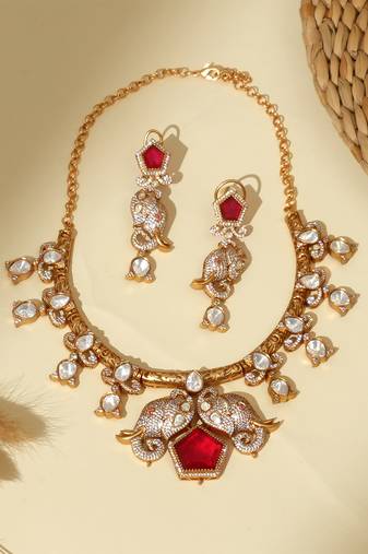 Gold plated kundan red stones necklace set
