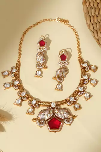Gold plated kundan red stones necklace set