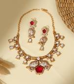 Gold plated kundan red stones necklace set