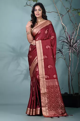 elegant maroon silk blend saree with intricate brocade work