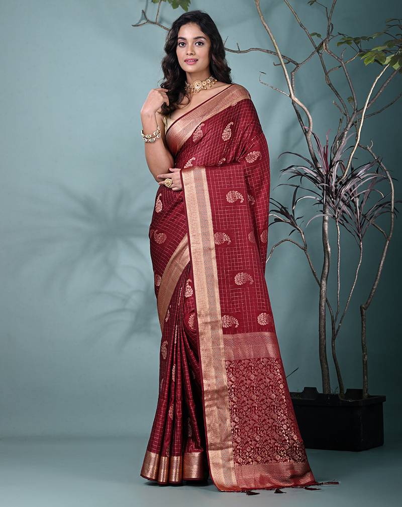 elegant maroon silk blend saree with intricate brocade work