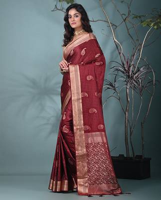 elegant maroon silk blend saree with intricate brocade work 2