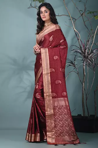 elegant maroon silk blend saree with intricate brocade work