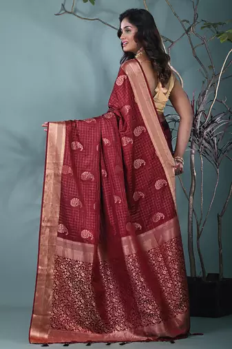 elegant maroon silk blend saree with intricate brocade work