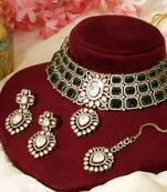 Gold plated kundan green stones choker necklace set