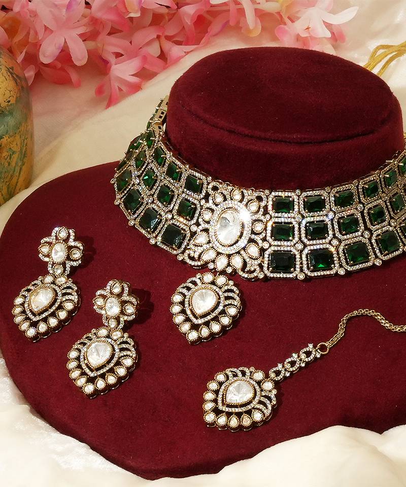 Gold plated kundan green stones choker necklace set