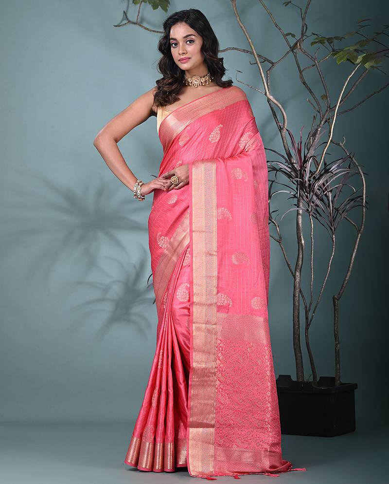 elegant pink silk blend saree with intricate brocade work