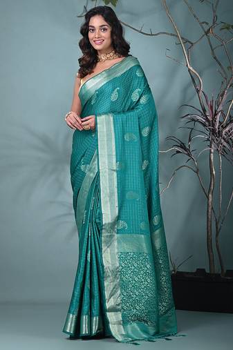 elegant teal silk blend saree with intricate brocade work
