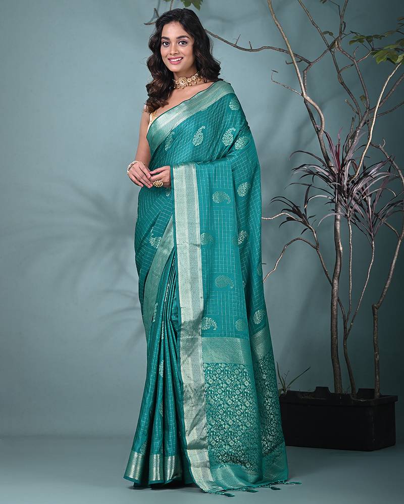 elegant teal silk blend saree with intricate brocade work