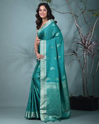 elegant teal silk blend saree with intricate brocade work 2
