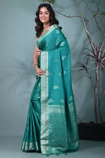 elegant teal silk blend saree with intricate brocade work